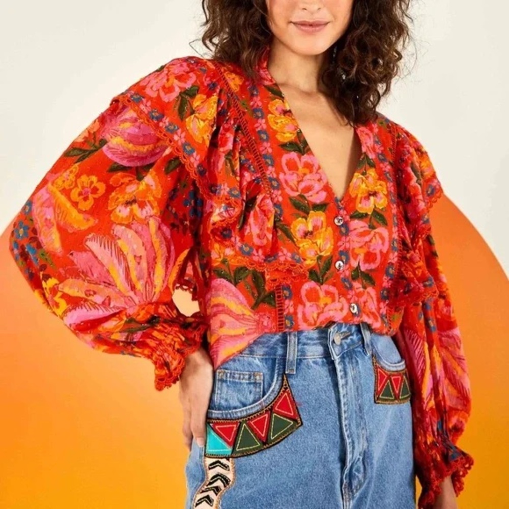 Farm Rio XS Spring Bananas red multicolor puff sleeve ruffle oversized blouse